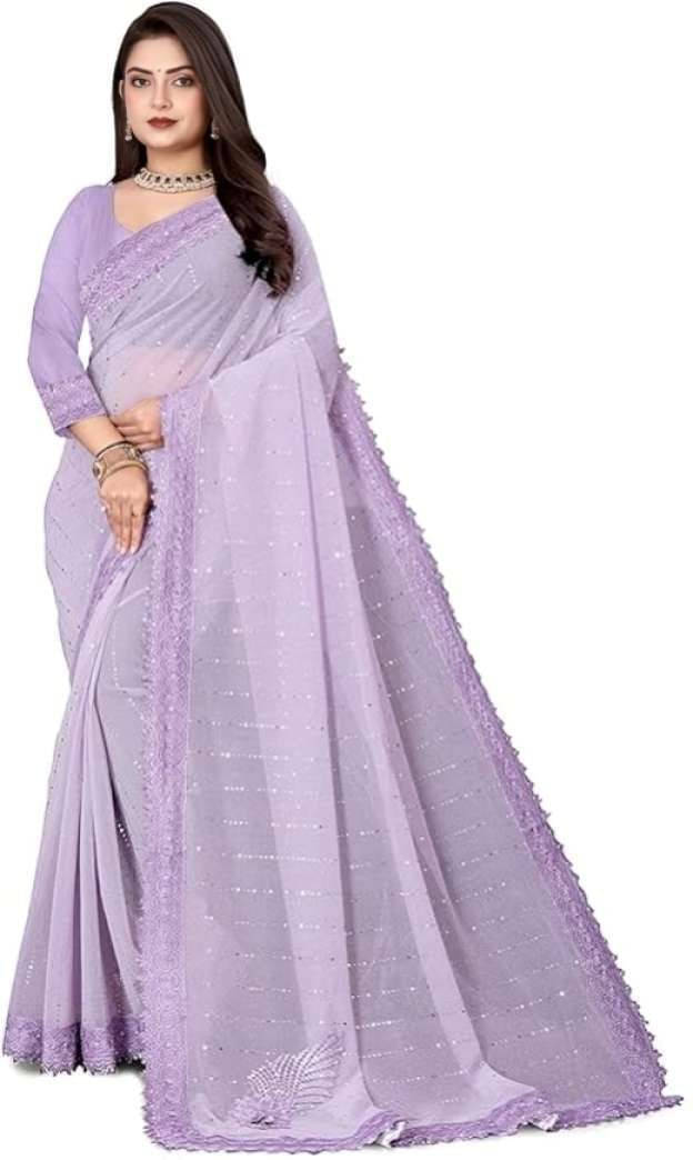     			VRAGI Lycra Embellished Regular Saree With Unstitched Blouse Piece ( Purple )