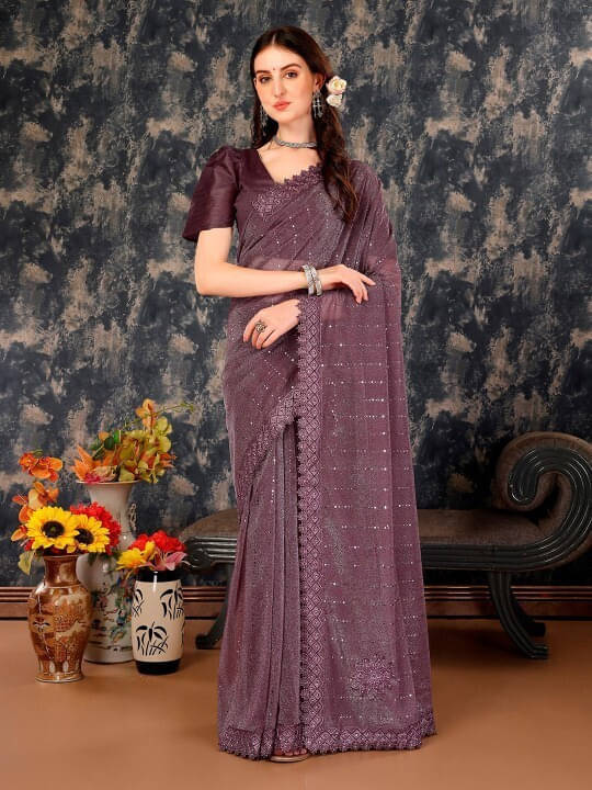 VRAGI Lycra Embellished Regular Saree With Unstitched Blouse Piece ( Purple ) VRAGI Lycra Embellished Regular Saree With Unstitched Blouse Piece ( Purple )