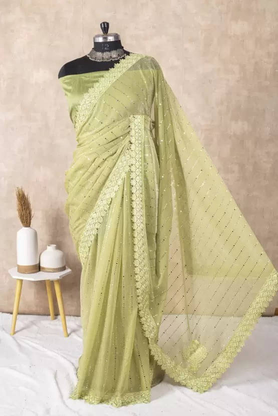 VRAGI Lycra Embellished Regular Saree With Unstitched Blouse Piece ( Light Green ) VRAGI Lycra Embellished Regular Saree With Unstitched Blouse Piece ( Light Green )