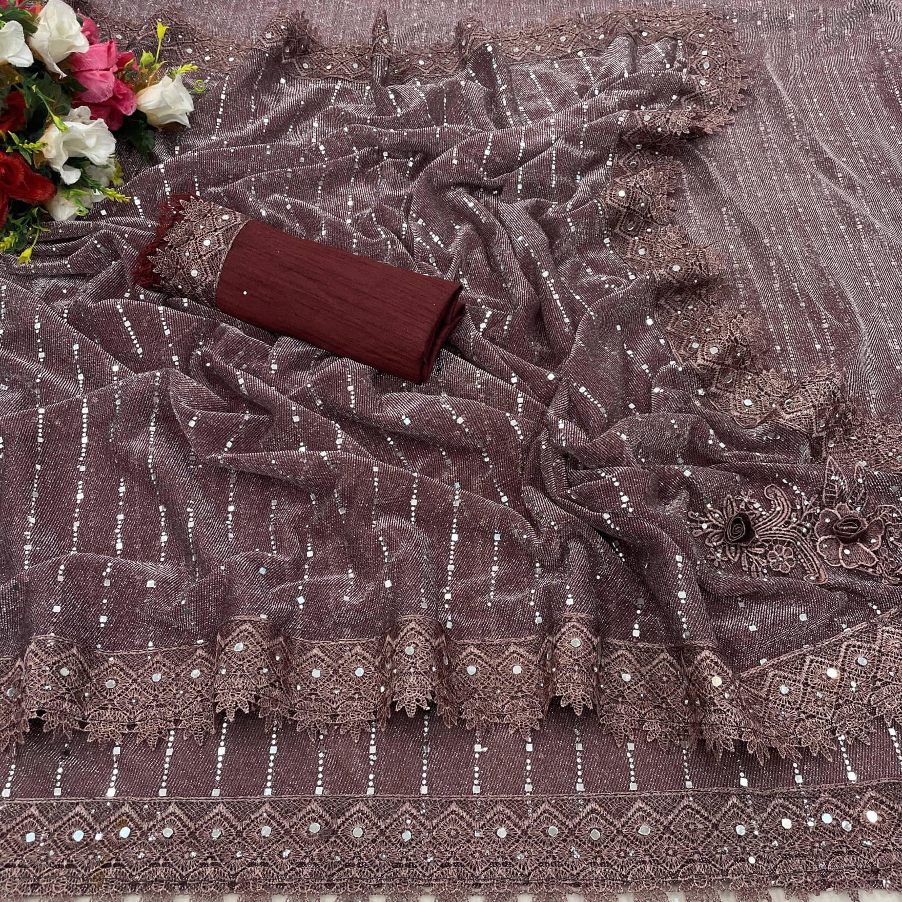     			VRAGI Lycra Embellished Regular Saree With Unstitched Blouse Piece ( Maroon )