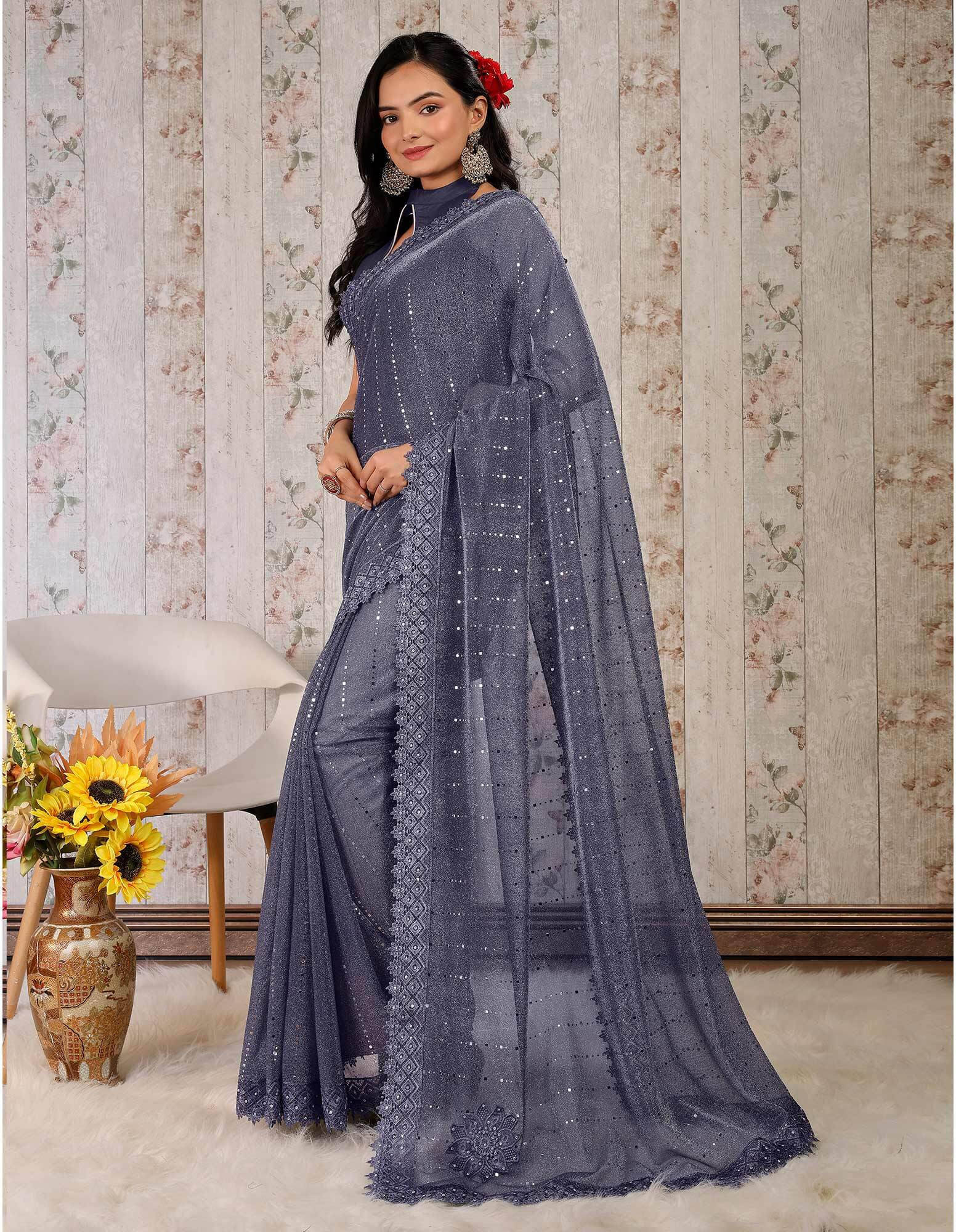 VRAGI Lycra Embellished Regular Saree With Unstitched Blouse Piece ( Navy Blue )     			VRAGI Lycra Embellished Regular Saree With Unstitched Blouse Piece ( Navy Blue )