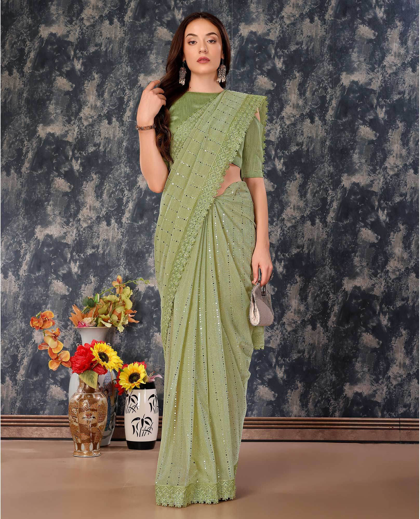     			VRAGI Lycra Embellished Regular Saree With Unstitched Blouse Piece ( Light Green )