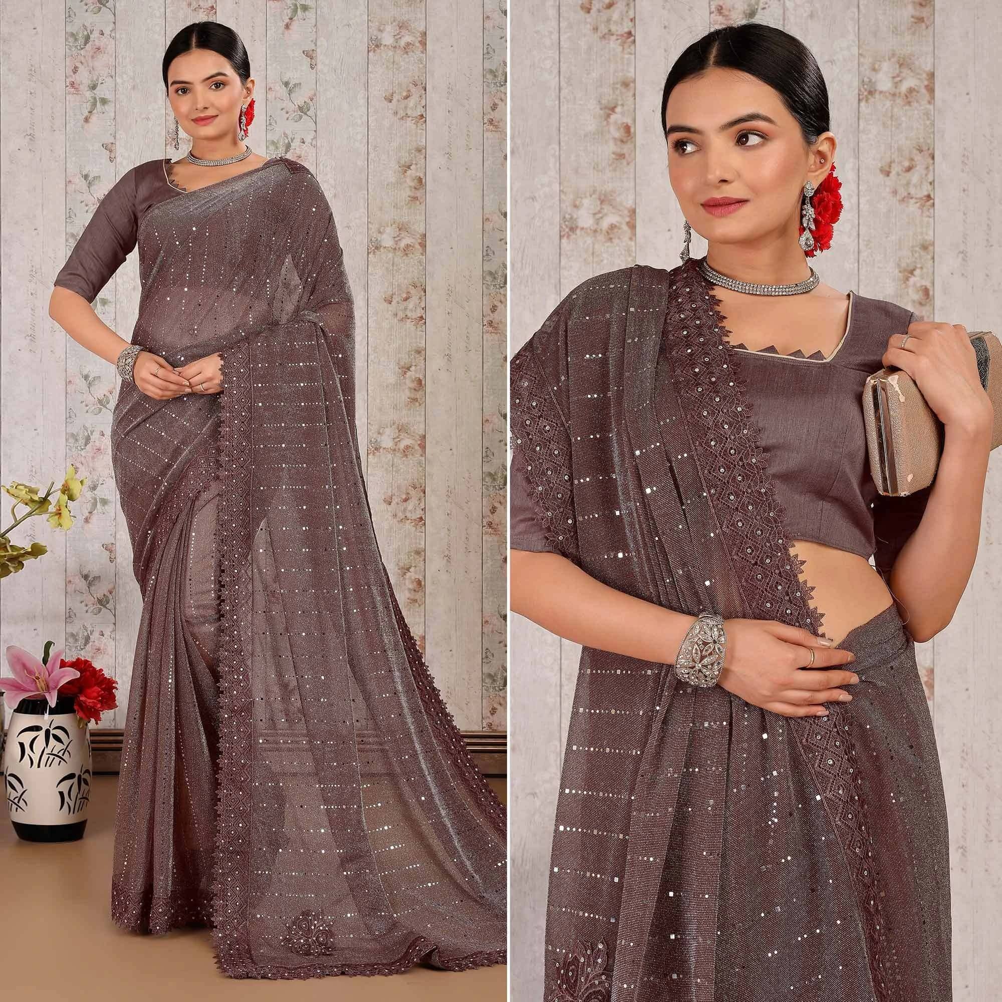 VRAGI Lycra Embellished Regular Saree With Unstitched Blouse Piece ( Brown ) VRAGI Lycra Embellished Regular Saree With Unstitched Blouse Piece ( Brown )
