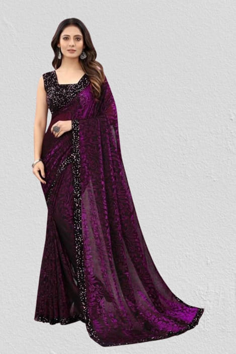     			VRAGI Lycra Embellished Regular Saree With Unstitched Blouse Piece ( Purple )