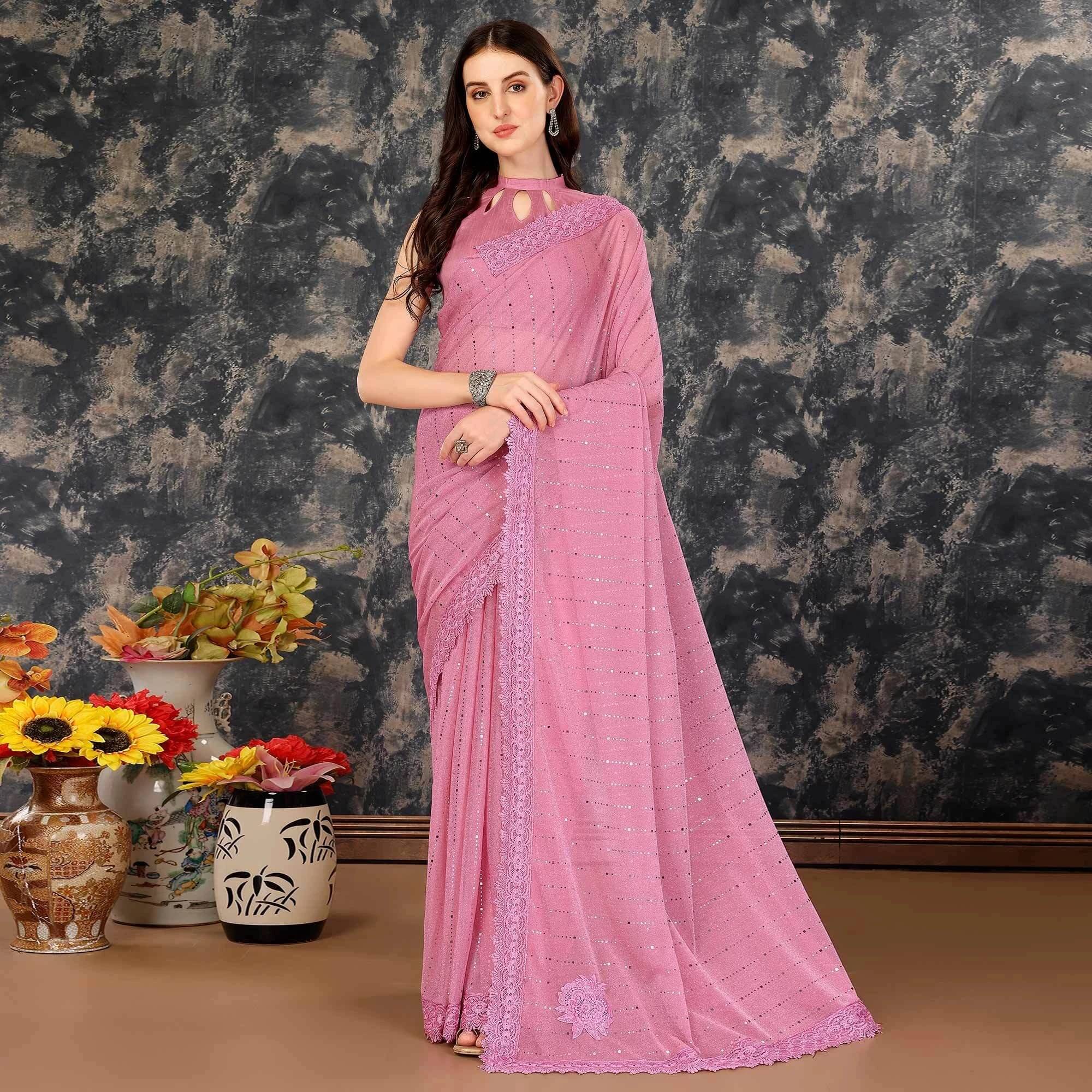 VRAGI Lycra Embellished Regular Saree With Unstitched Blouse Piece ( Pink ) VRAGI Lycra Embellished Regular Saree With Unstitched Blouse Piece ( Pink )