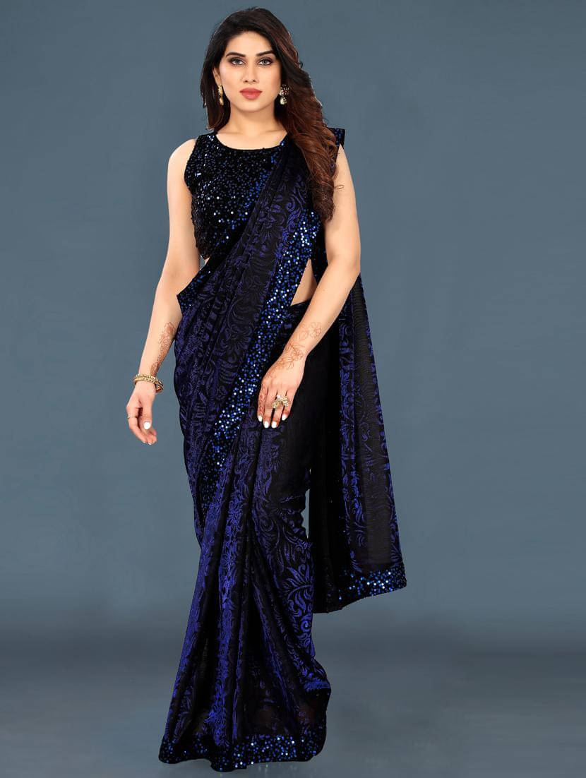 VRAGI Lycra Embellished Regular Saree With Unstitched Blouse Piece ( Navy Blue ) VRAGI Lycra Embellished Regular Saree With Unstitched Blouse Piece ( Navy Blue )