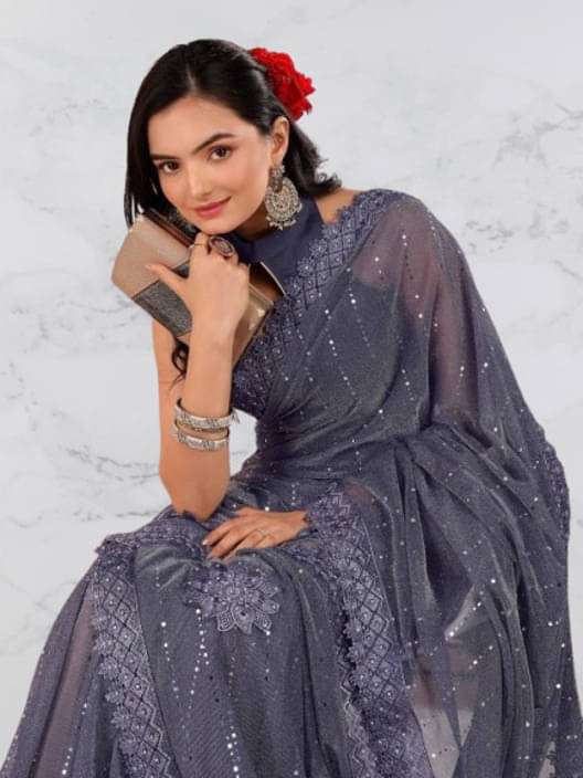     			VRAGI Lycra Embellished Regular Saree With Unstitched Blouse Piece ( Grey )