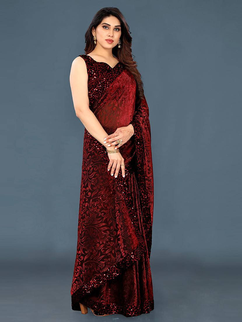     			VRAGI Lycra Embellished Regular Saree With Unstitched Blouse Piece ( Maroon )