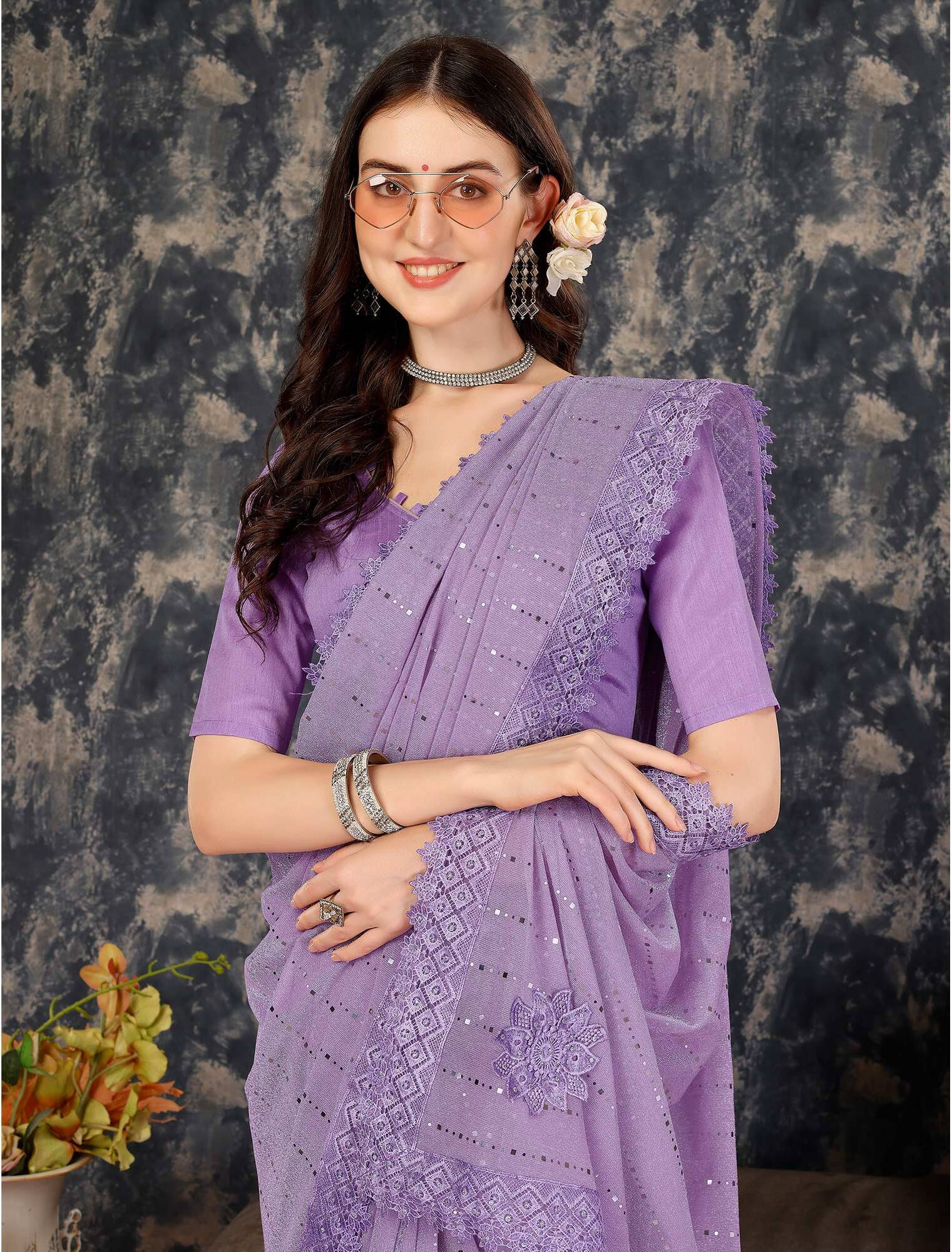     			VRAGI Lycra Embellished Regular Saree With Unstitched Blouse Piece ( Purple )