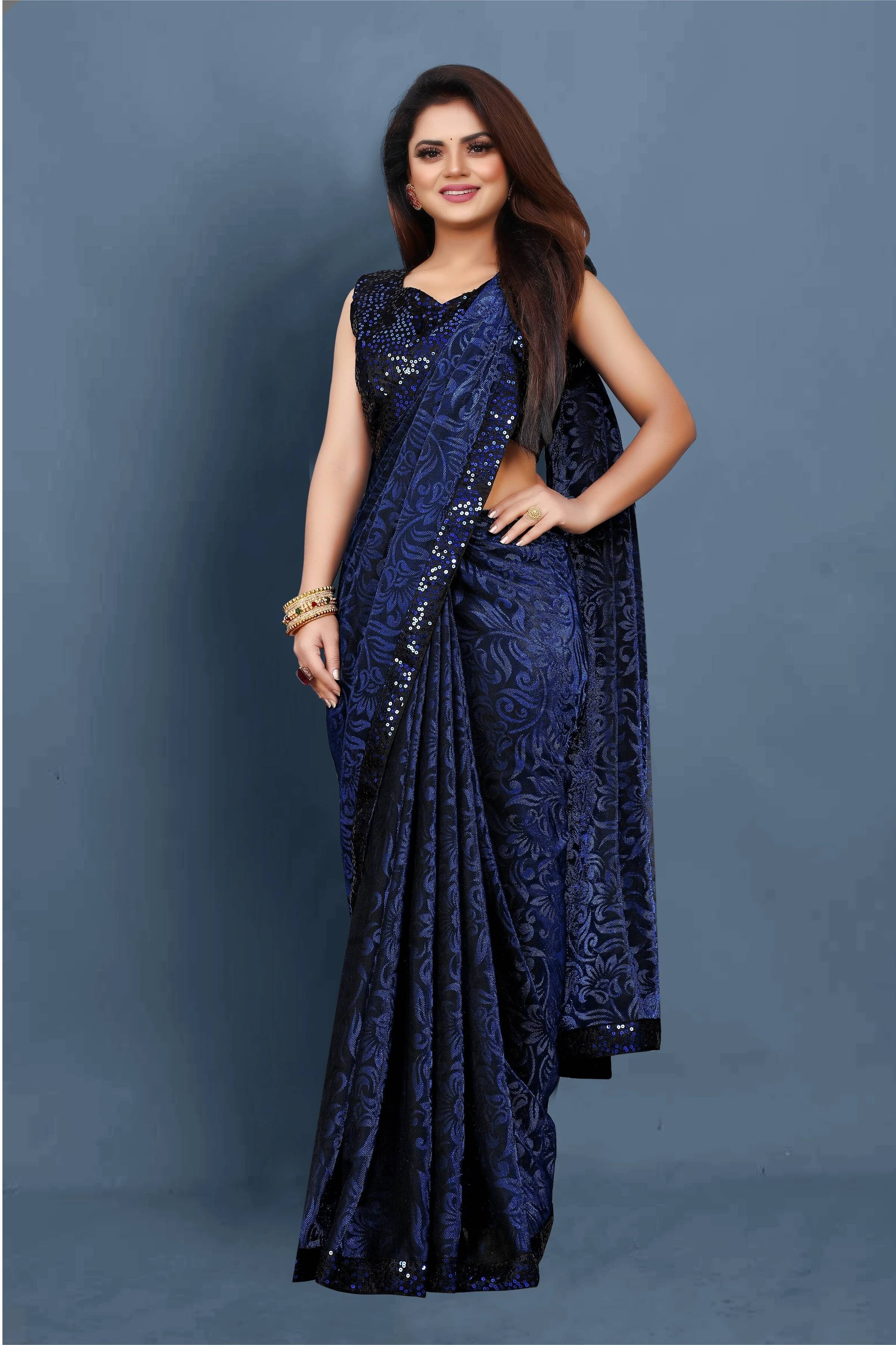     			VRAGI Lycra Embellished Regular Saree With Unstitched Blouse Piece ( Blue )