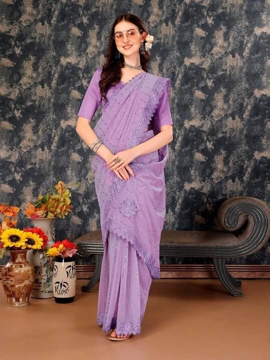     			VRAGI Lycra Embellished Regular Saree With Unstitched Blouse Piece ( Purple )