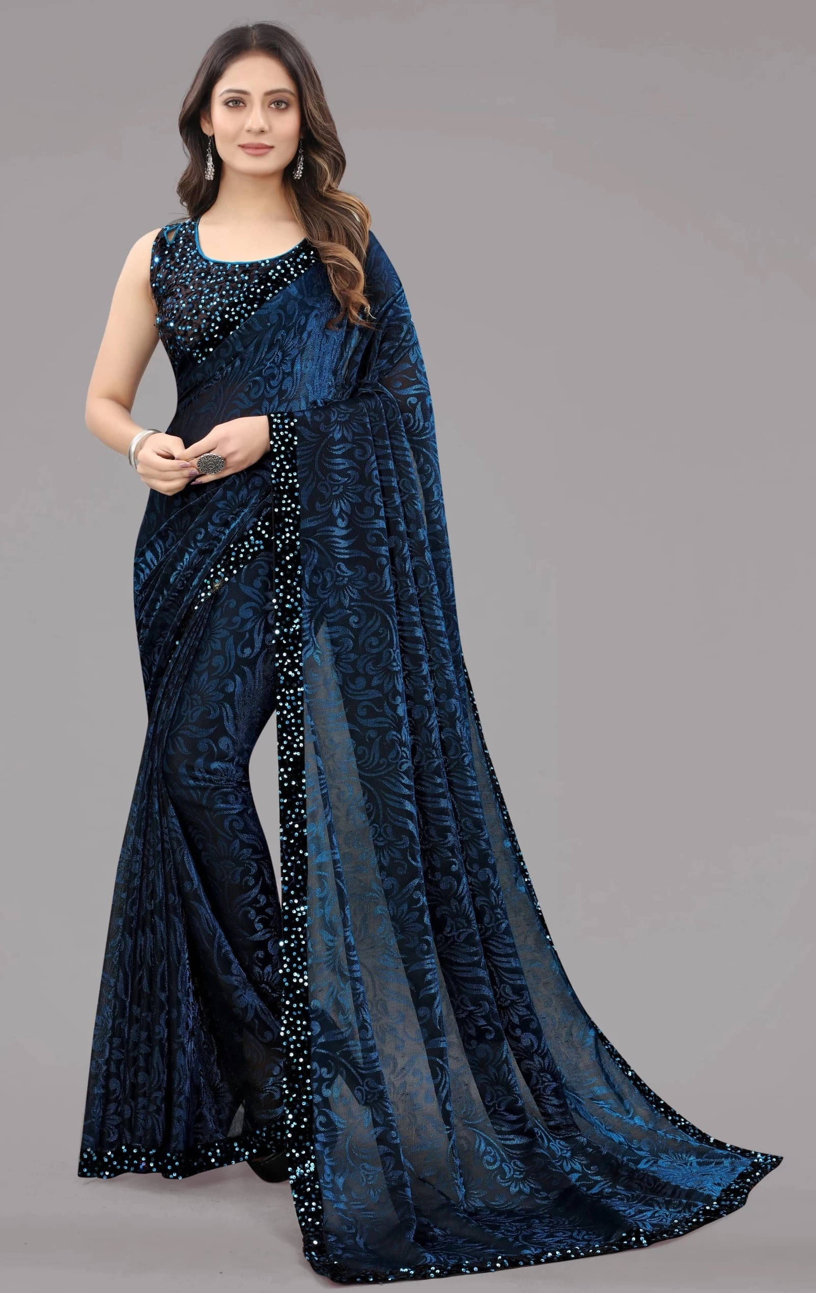     			VRAGI Lycra Embellished Regular Saree With Unstitched Blouse Piece ( Blue )