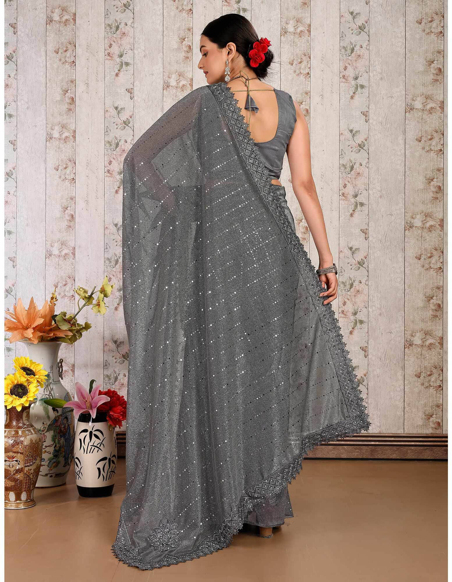     			VRAGI Lycra Embellished Regular Saree With Unstitched Blouse Piece ( Grey )