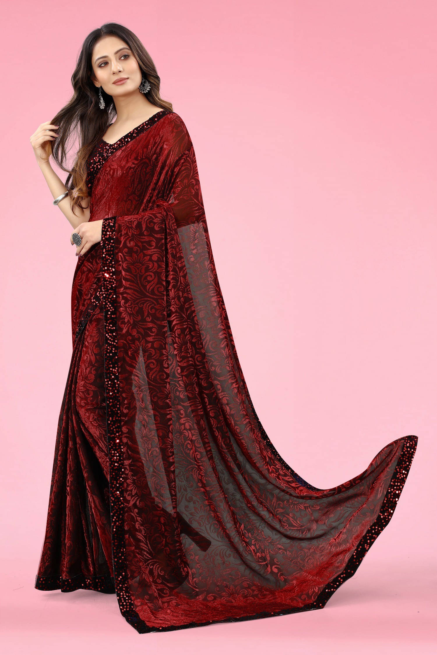 VRAGI Lycra Embellished Regular Saree With Unstitched Blouse Piece ( Maroon ) VRAGI Lycra Embellished Regular Saree With Unstitched Blouse Piece ( Maroon )