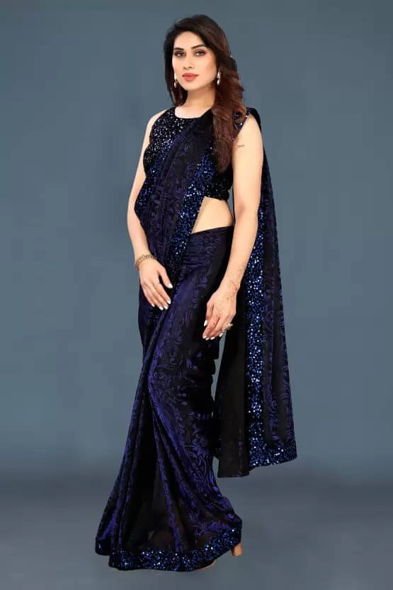     			VRAGI Lycra Embellished Regular Saree With Unstitched Blouse Piece ( Blue )