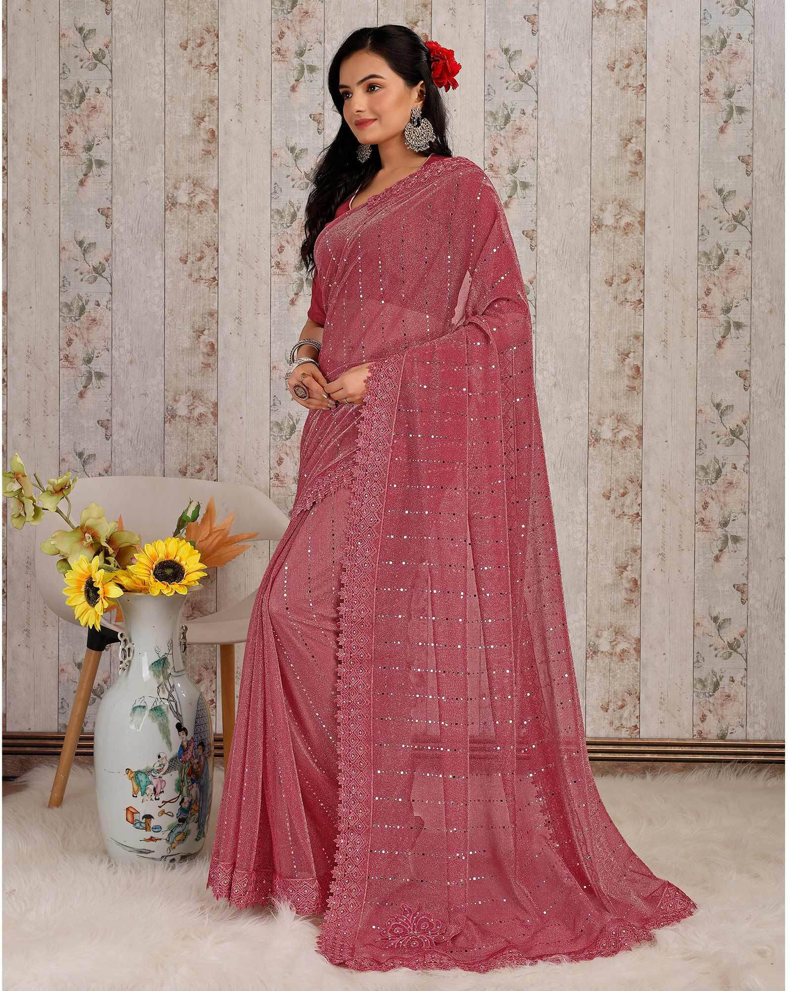 VRAGI Lycra Embellished Regular Saree With Unstitched Blouse Piece ( Pink ) VRAGI Lycra Embellished Regular Saree With Unstitched Blouse Piece ( Pink )