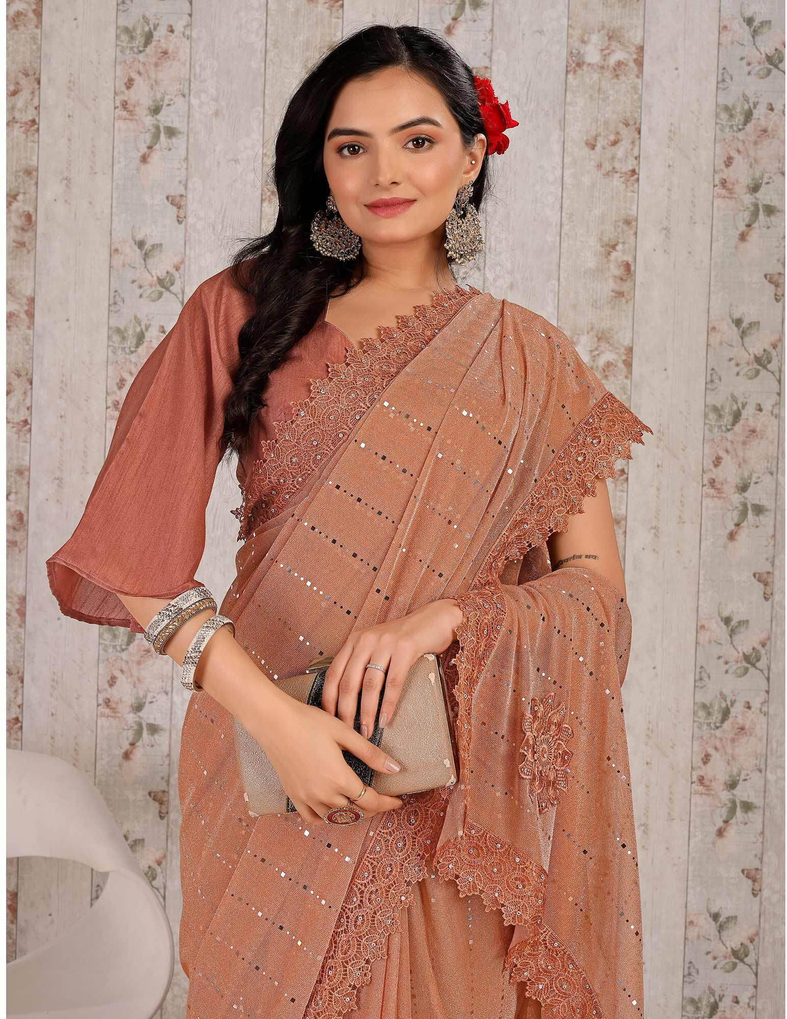     			VRAGI Lycra Embellished Regular Saree With Unstitched Blouse Piece ( Orange )