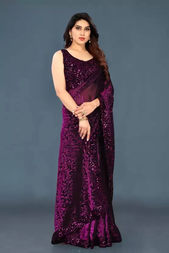 VRAGI Lycra Embellished Regular Saree With Unstitched Blouse Piece ( Purple ) VRAGI Lycra Embellished Regular Saree With Unstitched Blouse Piece ( Purple )
