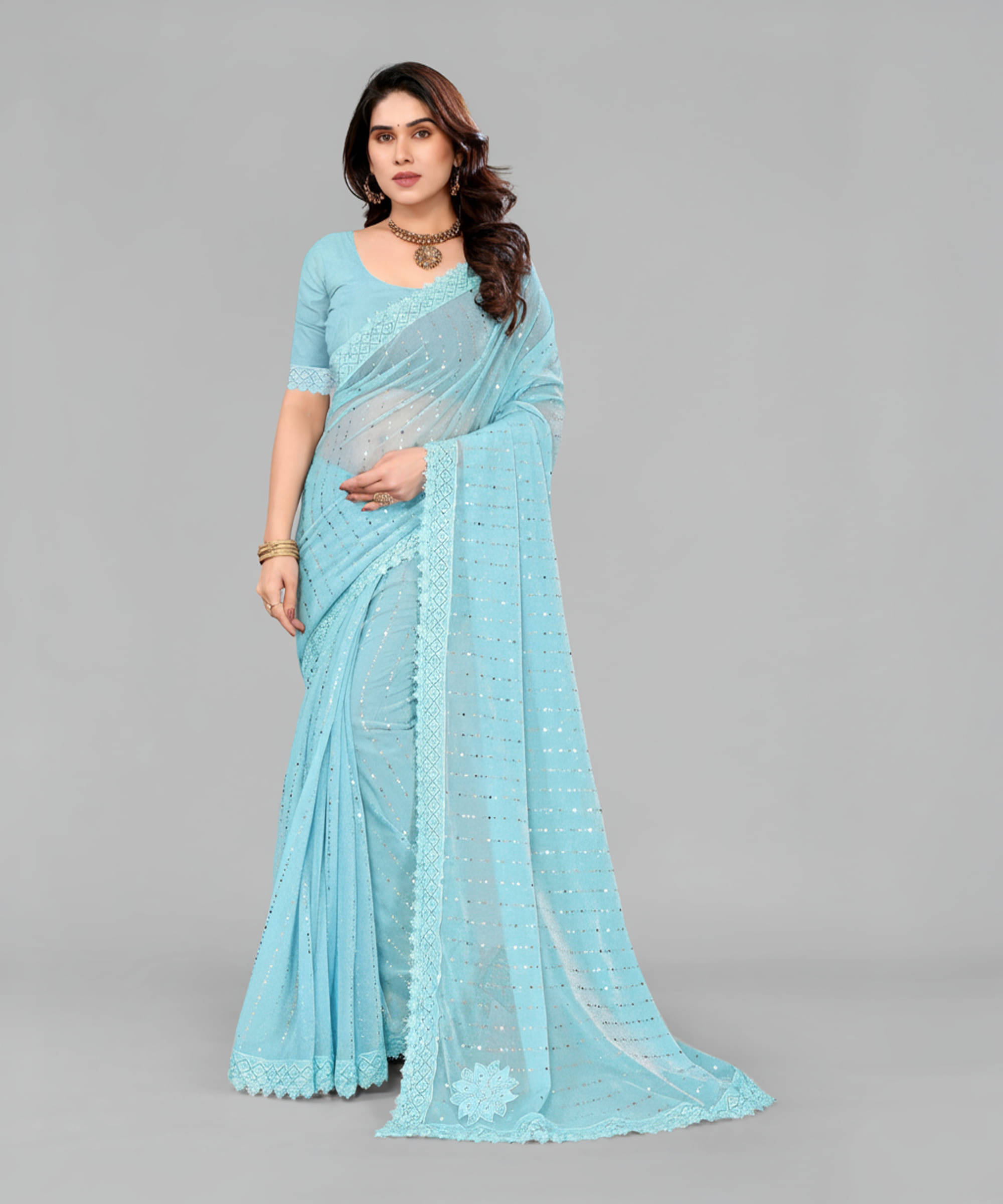 VRAGI Lycra Embellished Regular Saree With Unstitched Blouse Piece ( Light Blue ) VRAGI Lycra Embellished Regular Saree With Unstitched Blouse Piece ( Light Blue )