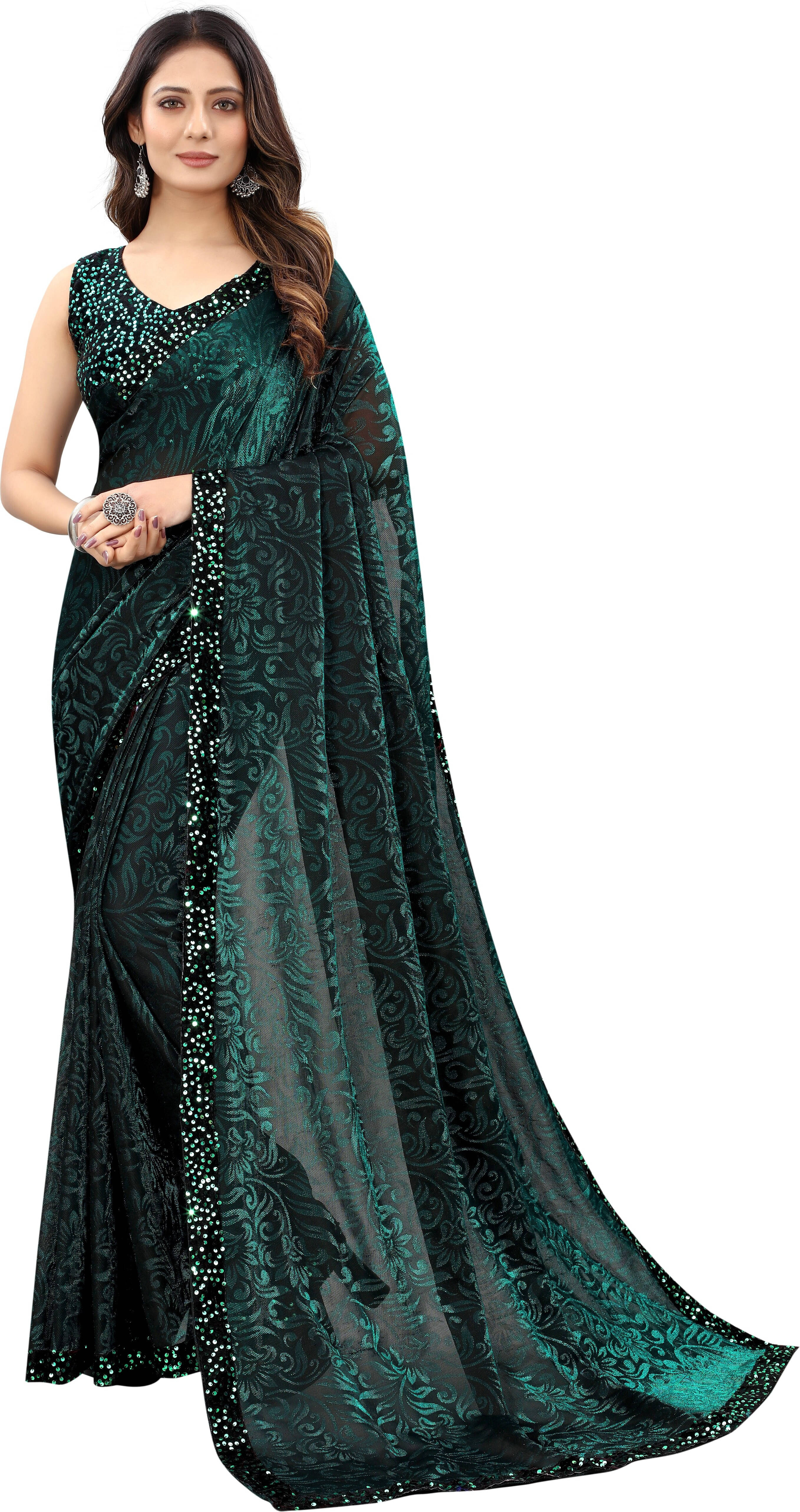     			VRAGI Lycra Embellished Regular Saree With Unstitched Blouse Piece ( Green )