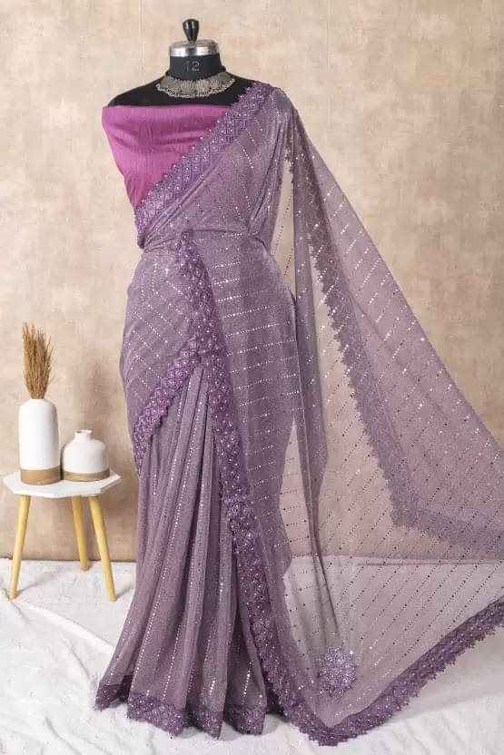 VRAGI Lycra Embellished Regular Saree With Unstitched Blouse Piece ( Magenta ) VRAGI Lycra Embellished Regular Saree With Unstitched Blouse Piece ( Magenta )