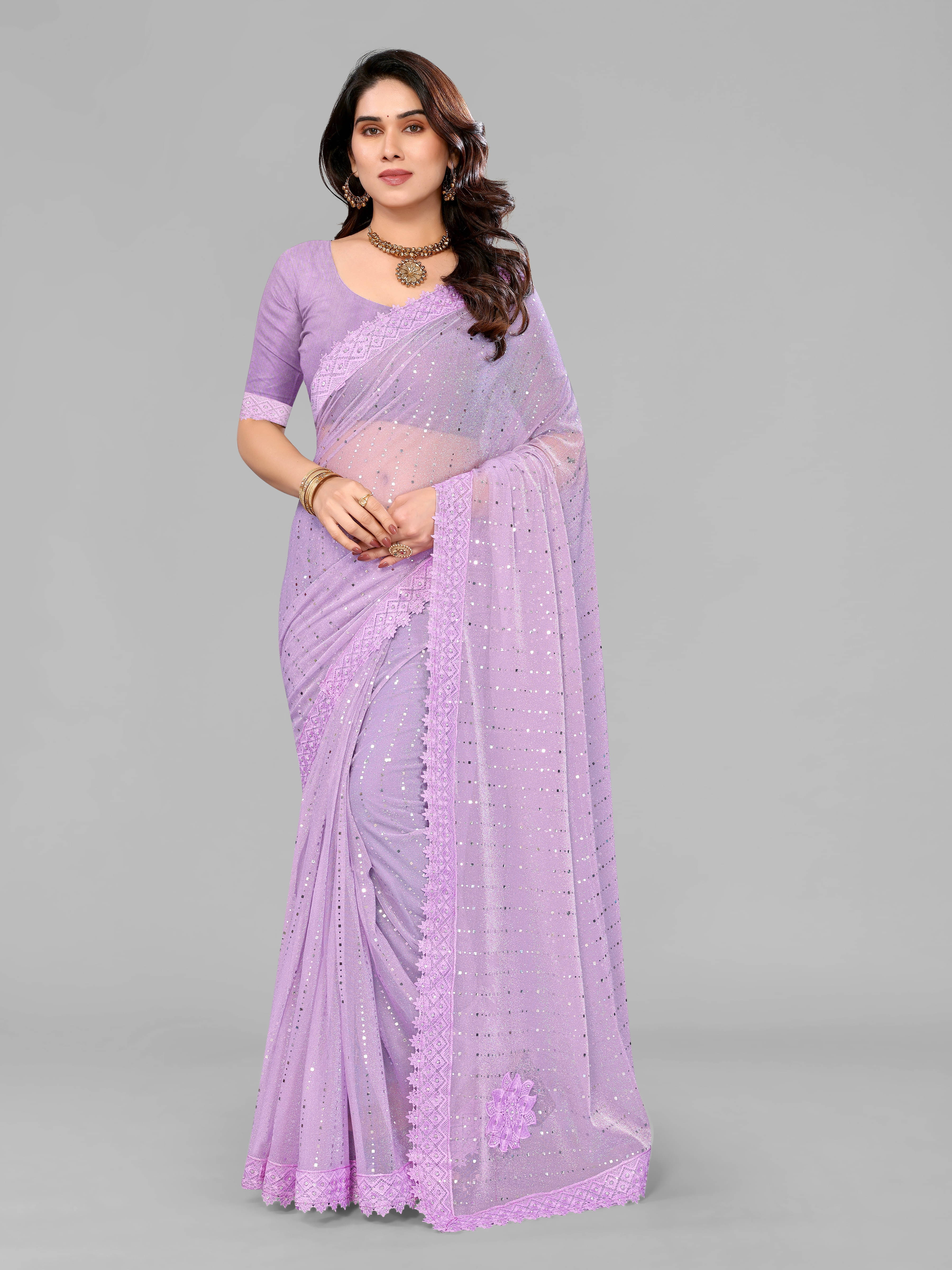     			VRAGI Lycra Embellished Regular Saree With Unstitched Blouse Piece ( Purple )