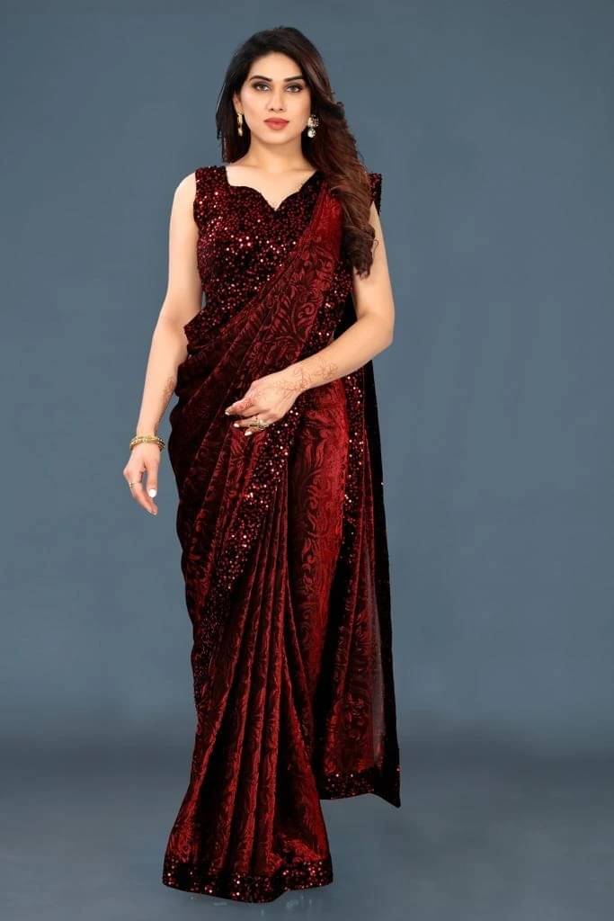 VRAGI Lycra Embellished Regular Saree With Unstitched Blouse Piece ( Red ) VRAGI Lycra Embellished Regular Saree With Unstitched Blouse Piece ( Red )