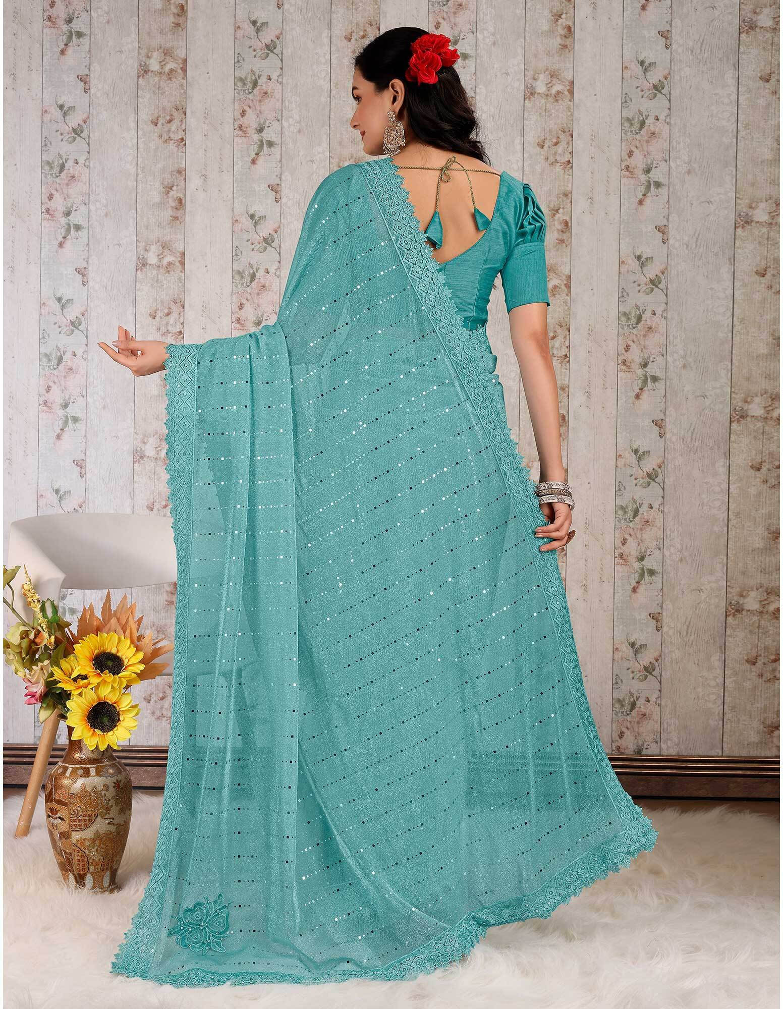 VRAGI Lycra Embellished Regular Saree With Unstitched Blouse Piece ( Light Blue ) VRAGI Lycra Embellished Regular Saree With Unstitched Blouse Piece ( Light Blue )