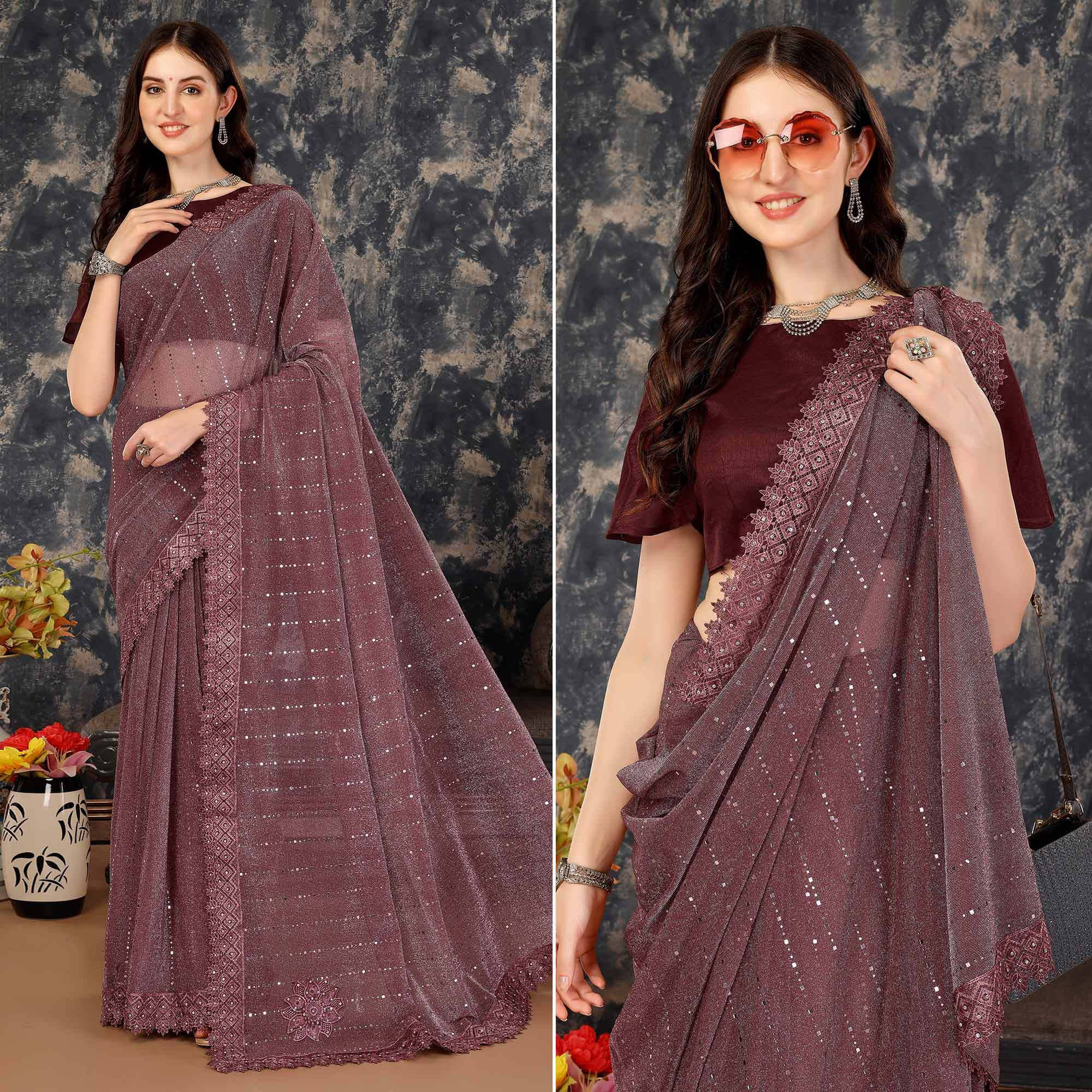     			VRAGI Lycra Embellished Regular Saree With Unstitched Blouse Piece ( Maroon )
