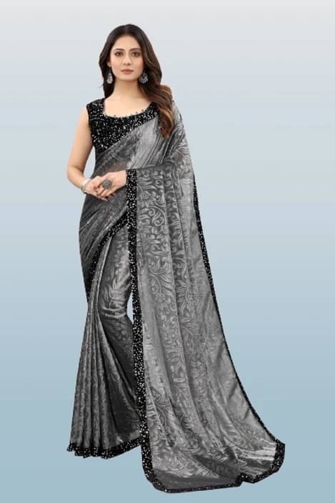 VRAGI Lycra Embellished Regular Saree With Unstitched Blouse Piece ( Grey ) VRAGI Lycra Embellished Regular Saree With Unstitched Blouse Piece ( Grey )