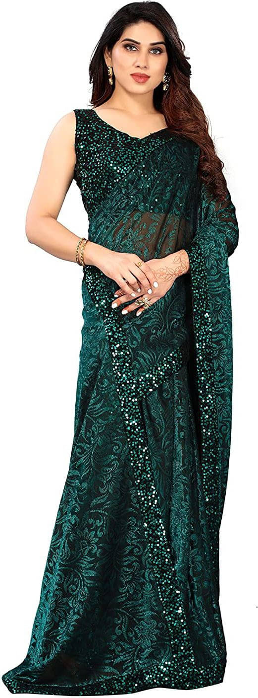 VRAGI Lycra Embellished Regular Saree With Unstitched Blouse Piece ( Green ) VRAGI Lycra Embellished Regular Saree With Unstitched Blouse Piece ( Green )