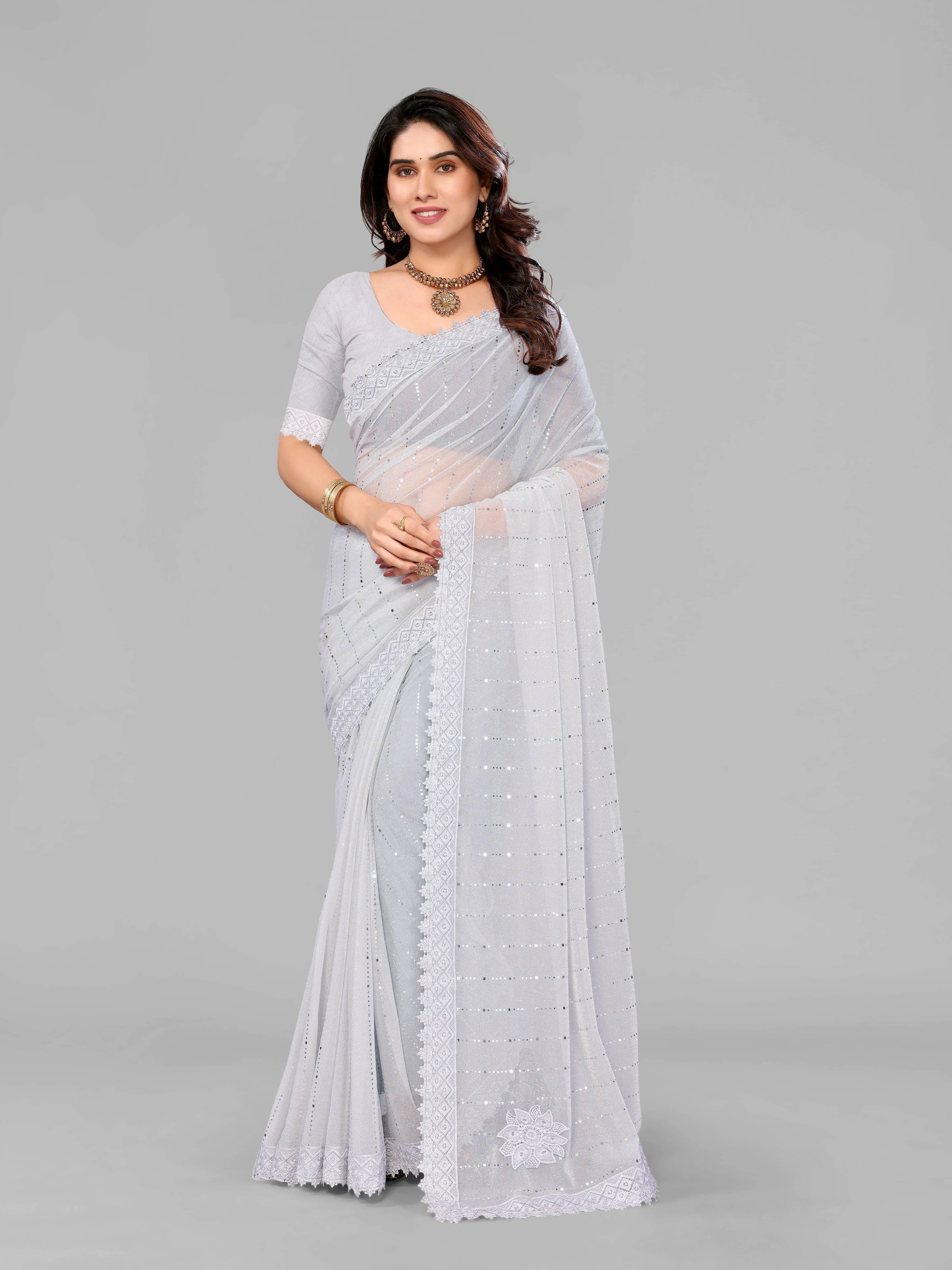 VRAGI Lycra Embellished Regular Saree With Unstitched Blouse Piece ( White ) VRAGI Lycra Embellished Regular Saree With Unstitched Blouse Piece ( White )