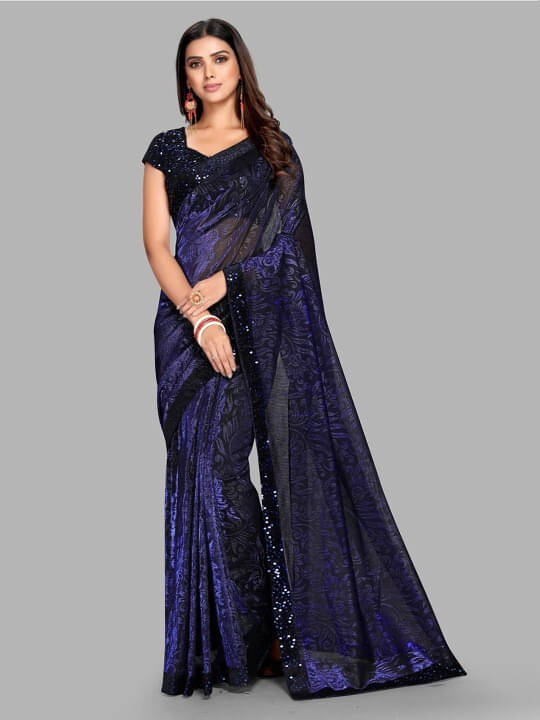 VRAGI Lycra Embellished Regular Saree With Unstitched Blouse Piece ( Navy Blue ) VRAGI Lycra Embellished Regular Saree With Unstitched Blouse Piece ( Navy Blue )