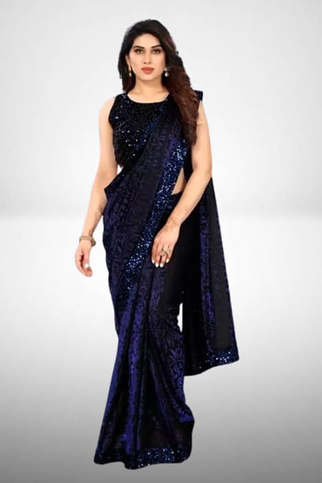     			VRAGI Lycra Embellished Regular Saree With Unstitched Blouse Piece ( Blue )