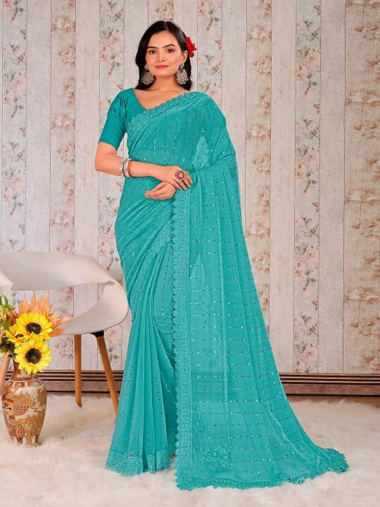 VRAGI Lycra Embellished Regular Saree With Unstitched Blouse Piece ( Blue ) VRAGI Lycra Embellished Regular Saree With Unstitched Blouse Piece ( Blue )