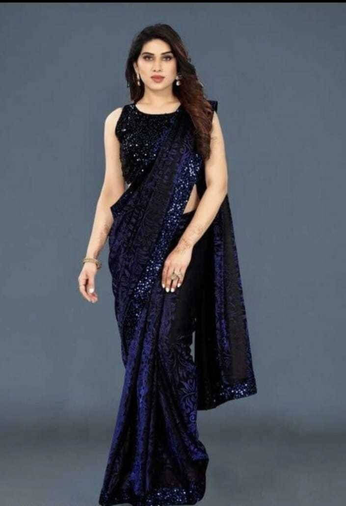     			VRAGI Lycra Embroidered Regular Saree With Unstitched Blouse Piece ( Navy Blue )