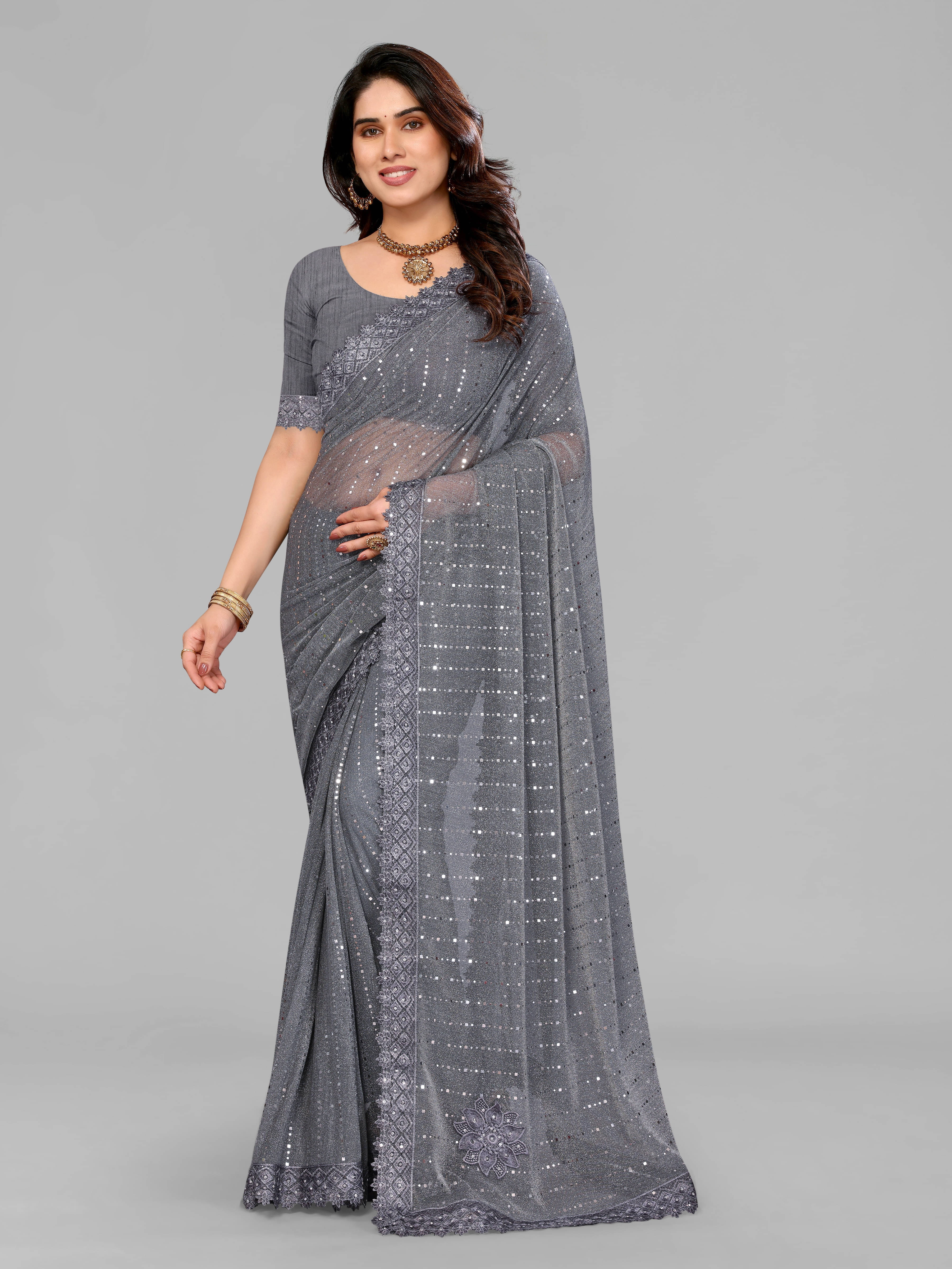 VRAGI Lycra Printed Regular Saree With Unstitched Blouse Piece ( Grey ) VRAGI Lycra Printed Regular Saree With Unstitched Blouse Piece ( Grey )
