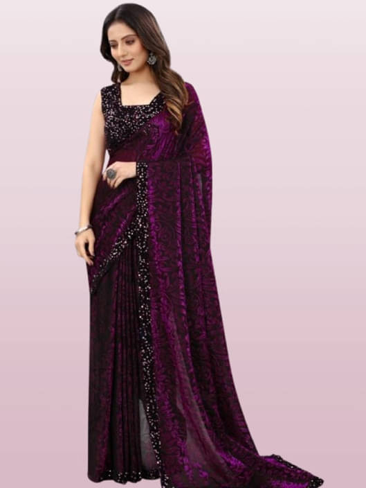     			VRAGI Lycra Printed Regular Saree With Unstitched Blouse Piece ( Purple )