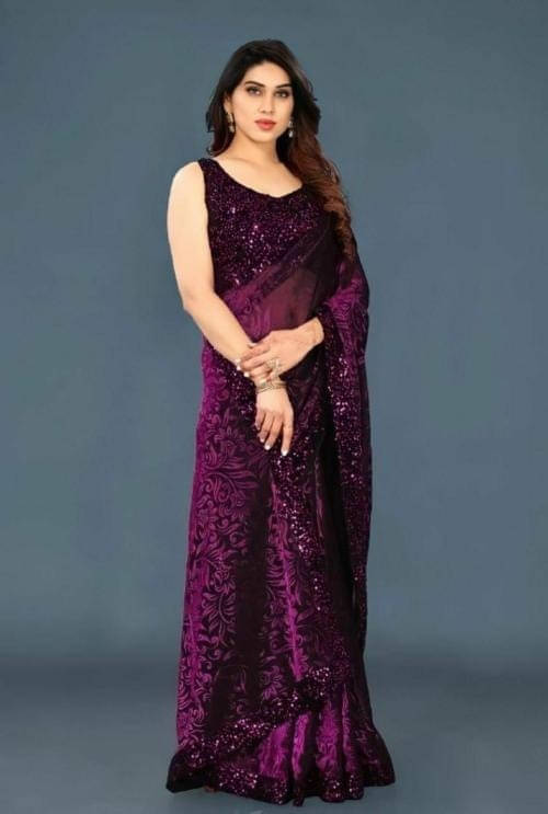     			VRAGI Lycra Printed Regular Saree With Unstitched Blouse Piece ( Purple )