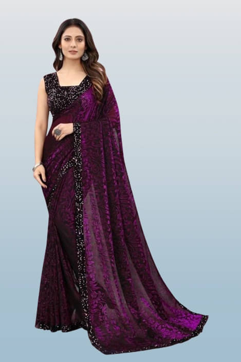     			VRAGI Lycra Printed Regular Saree With Unstitched Blouse Piece ( Purple )