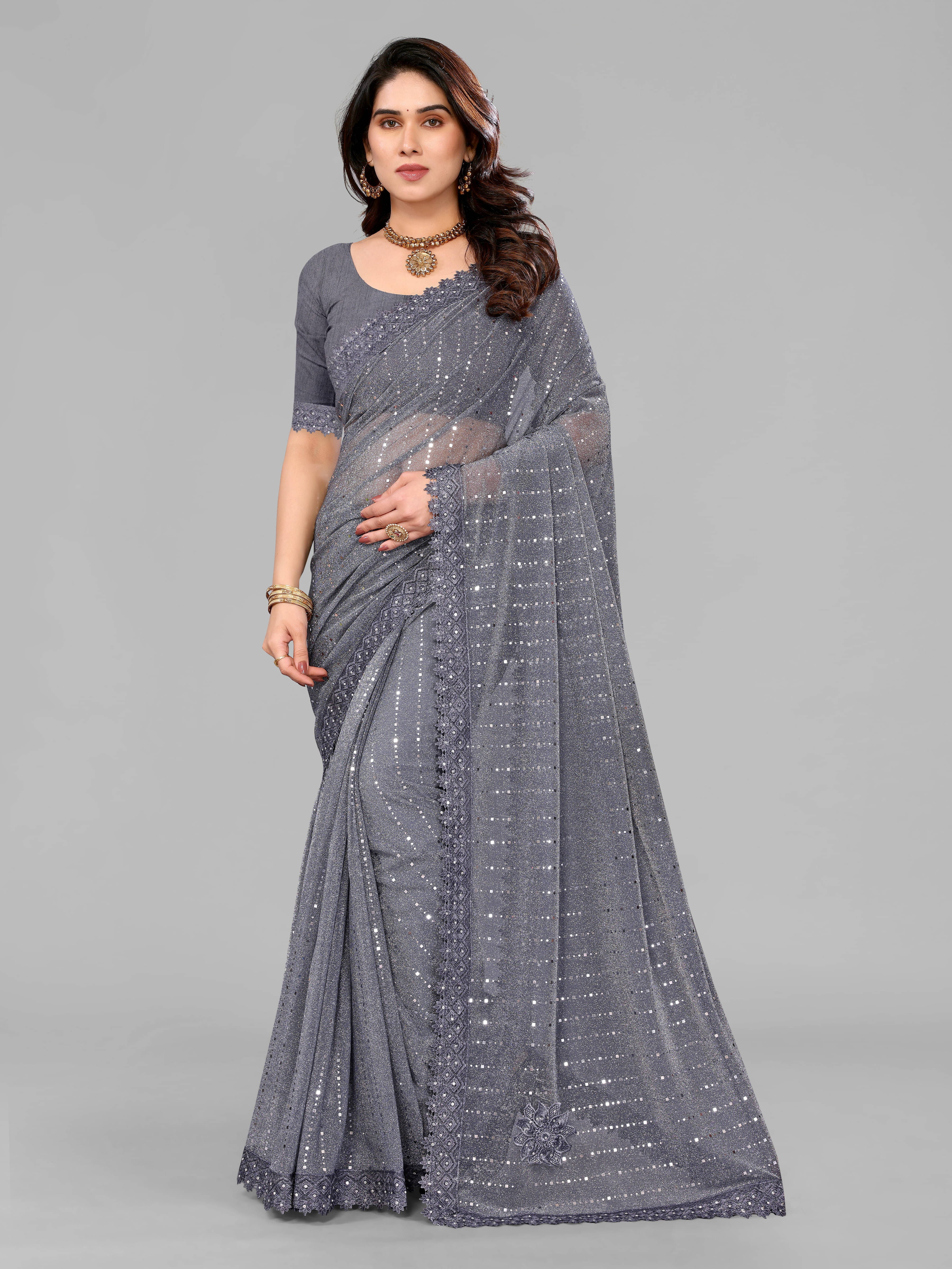 VRAGI Lycra Printed Regular Saree With Unstitched Blouse Piece ( Navy Blue ) VRAGI Lycra Printed Regular Saree With Unstitched Blouse Piece ( Navy Blue )