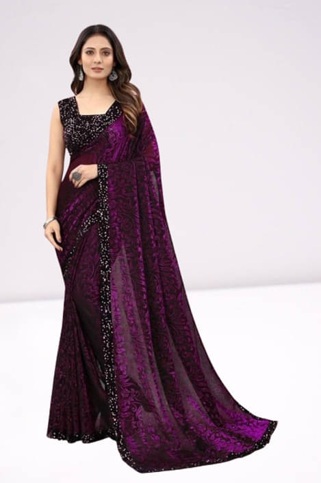     			VRAGI Lycra Printed Regular Saree With Unstitched Blouse Piece ( Purple )
