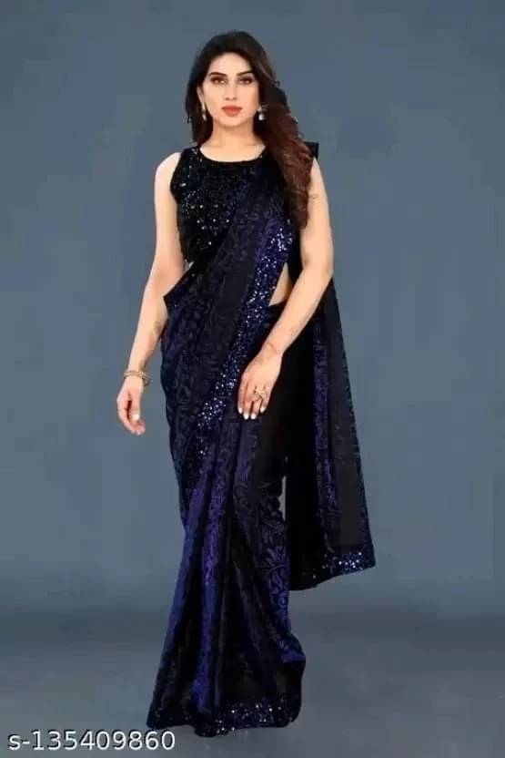     			VRAGI Lycra Printed Regular Saree With Unstitched Blouse Piece ( Navy Blue )