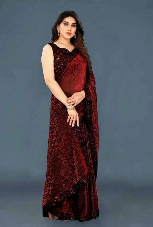 VRAGI Lycra Printed Regular Saree With Unstitched Blouse Piece ( Maroon ) VRAGI Lycra Printed Regular Saree With Unstitched Blouse Piece ( Maroon )