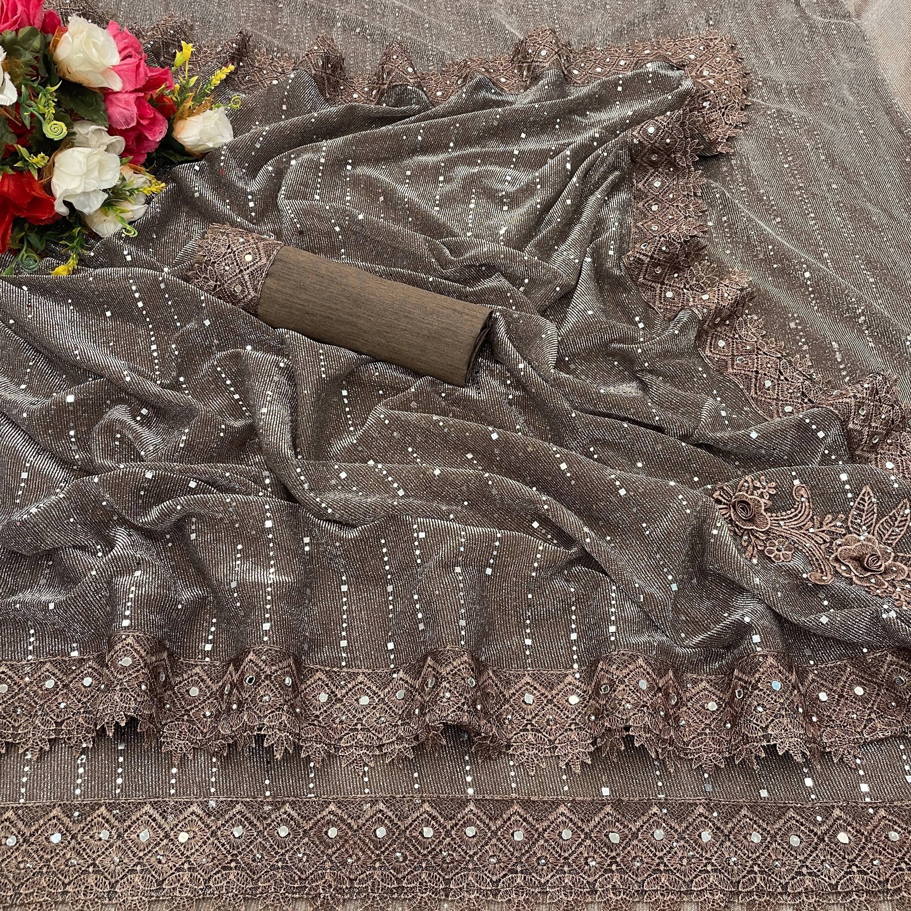     			VRAGI Lycra Printed Regular Saree With Unstitched Blouse Piece ( Brown )