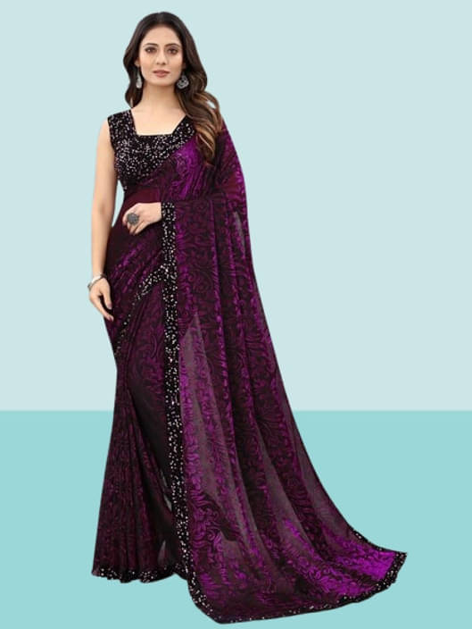     			VRAGI Lycra Printed Regular Saree With Unstitched Blouse Piece ( Purple )