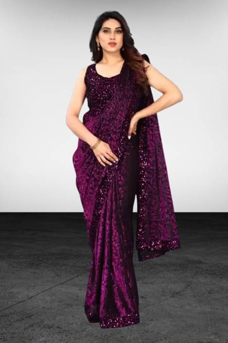     			VRAGI Lycra Printed Regular Saree With Unstitched Blouse Piece ( Purple )