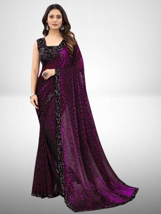 VRAGI Lycra Printed Regular Saree With Unstitched Blouse Piece ( Purple ) VRAGI Lycra Printed Regular Saree With Unstitched Blouse Piece ( Purple )