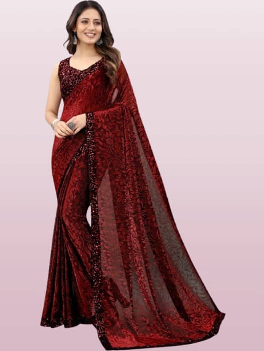 VRAGI Lycra Printed Regular Saree With Unstitched Blouse Piece ( Maroon ) VRAGI Lycra Printed Regular Saree With Unstitched Blouse Piece ( Maroon )