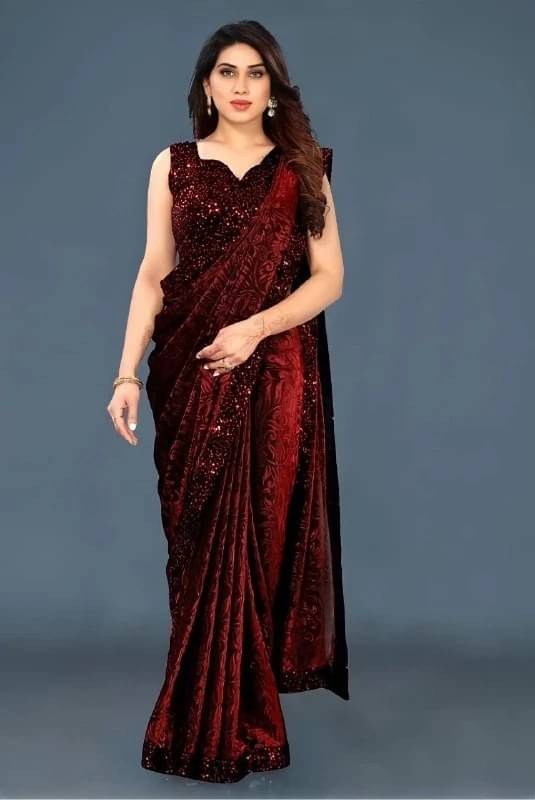     			VRAGI Lycra Printed Regular Saree With Unstitched Blouse Piece ( Maroon )